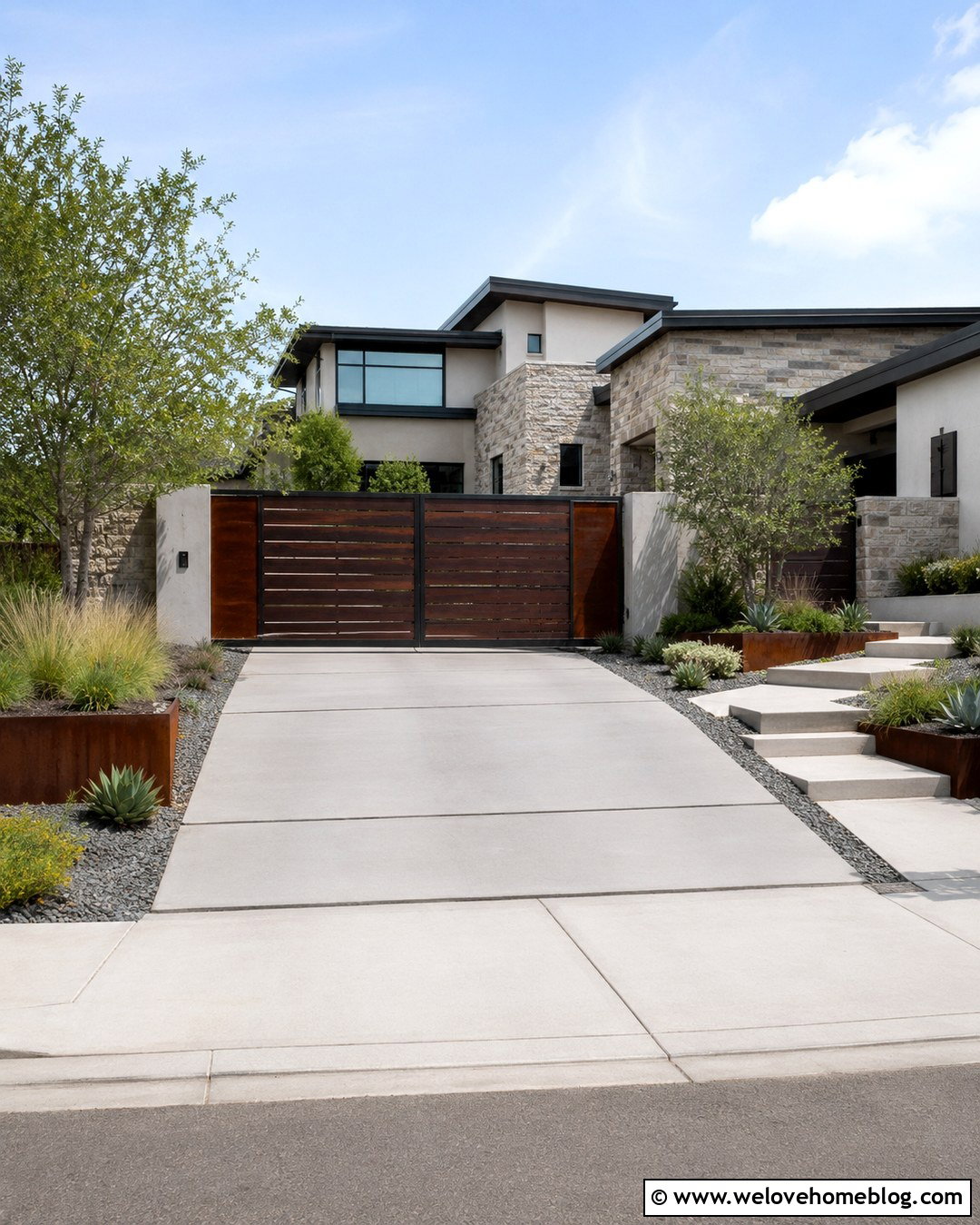Dark Brown Driveway Gate With Corten Steel Accents - 20 Dark Brown Driveway Gate Ideas