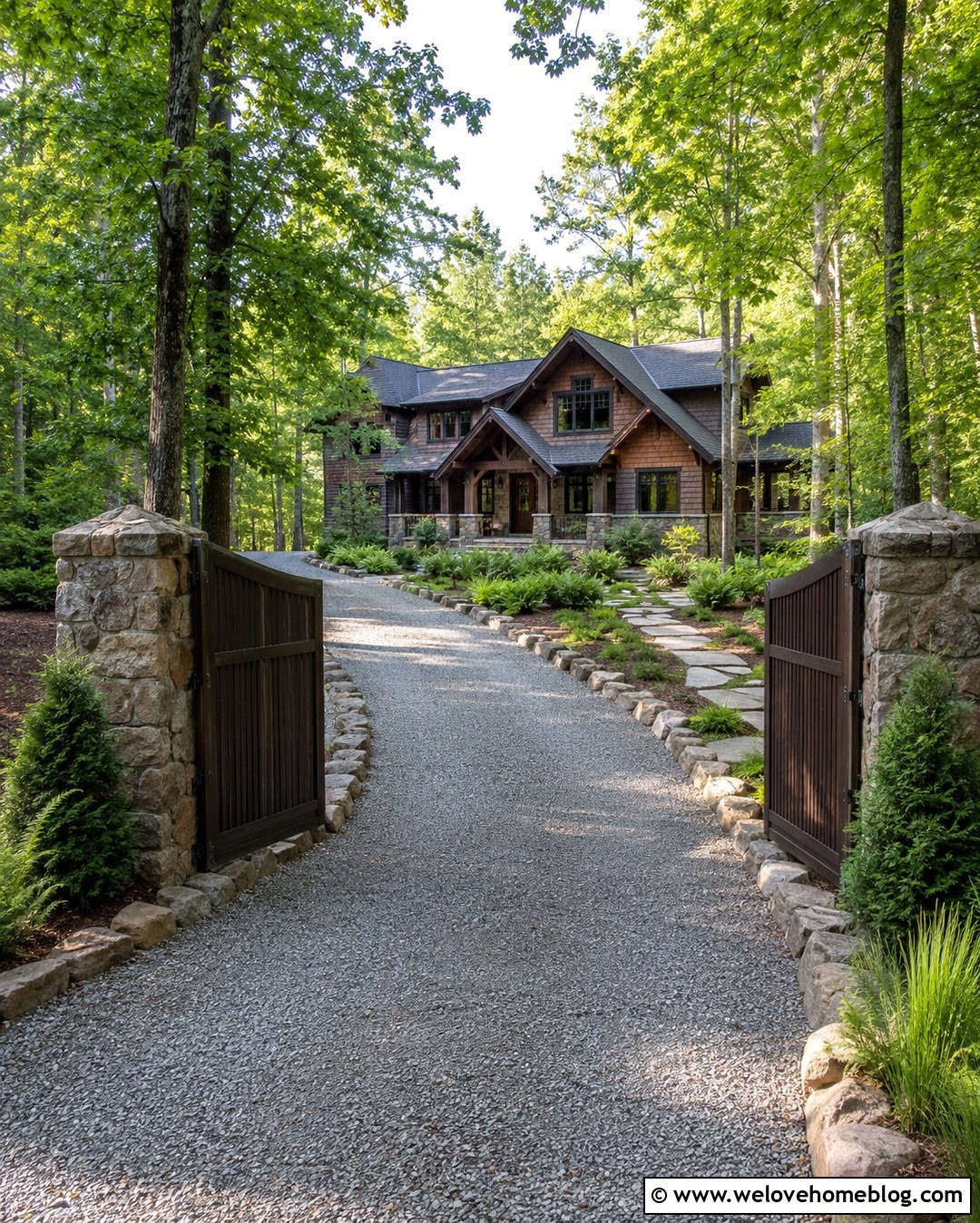 Dark Brown Driveway Gate With Stone Pillars - 20 Dark Brown Driveway Gate Ideas