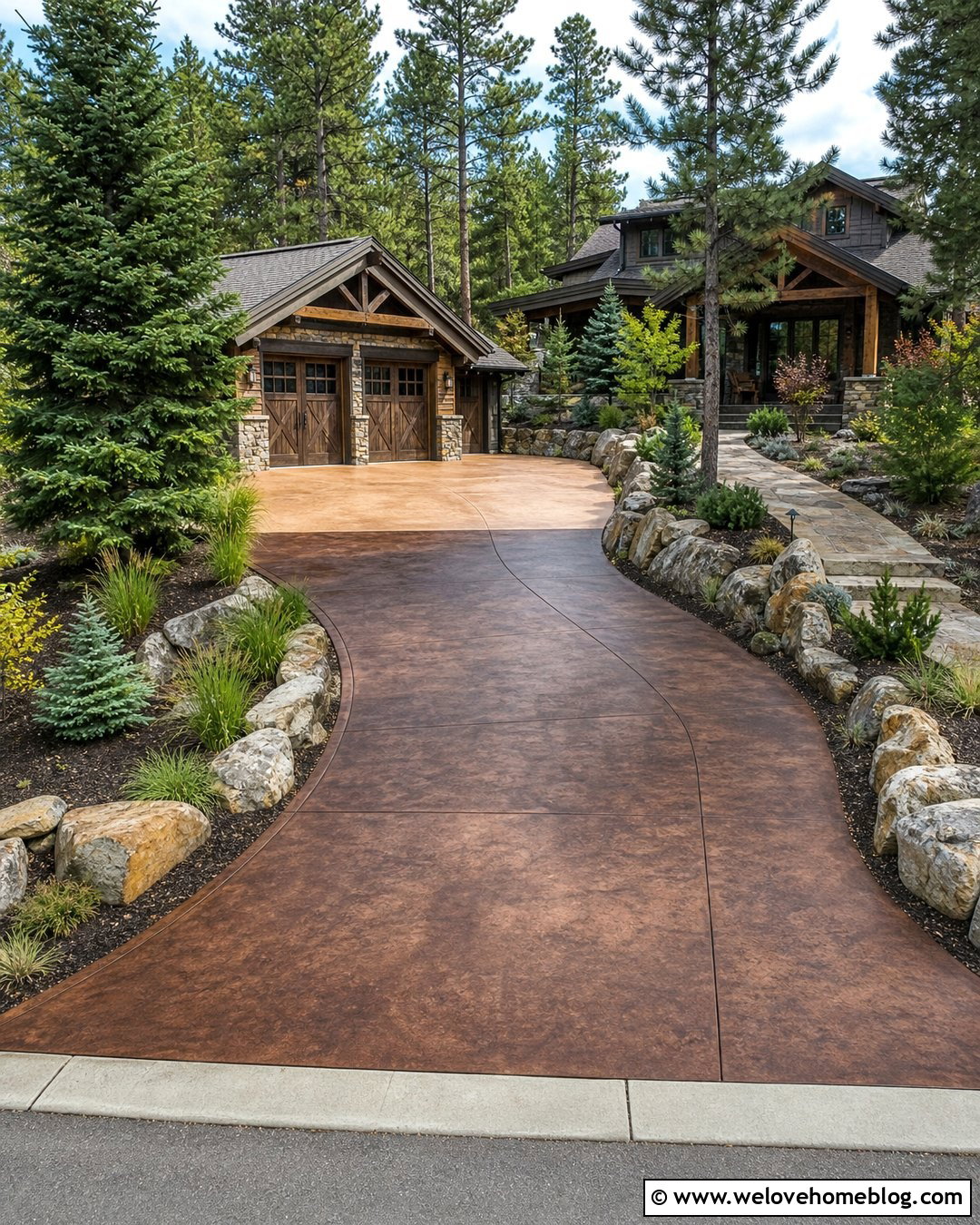 Dark Brown Stained Concrete Driveway With Rustic House - 30 Stained Concrete Driveway Ideas