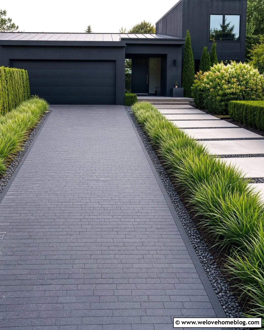Dark Cobblestone Driveway With Modern House - 40 cobblestone driveway ideas