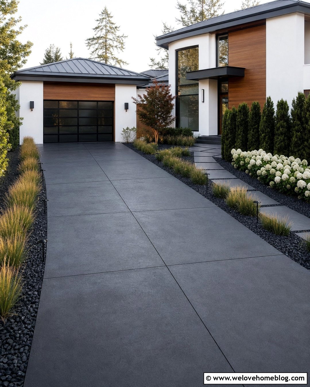 Dark Concrete Driveway With Modern Landscaping - 45 Driveway Design Ideas