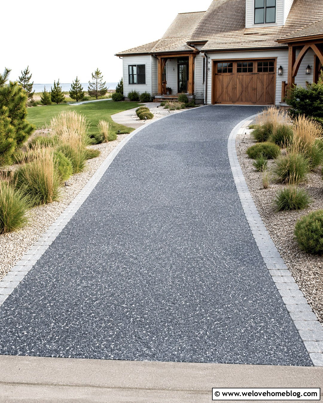 Dark Exposed Aggregate Driveway With Coastal Planting - 20 Dark Exposed Aggregate Driveway Ideas