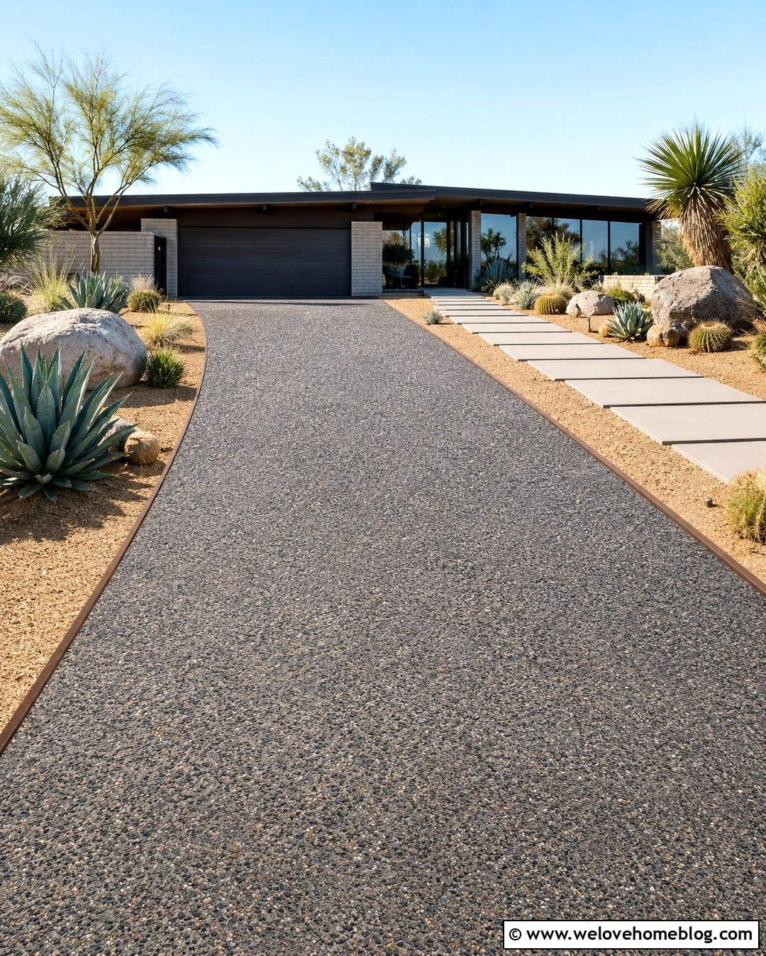 Dark Exposed Aggregate Driveway With Desert Landscaping - 20 Dark Exposed Aggregate Driveway Ideas