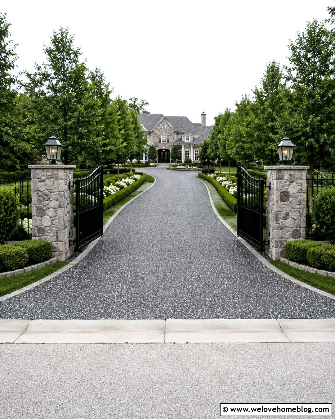 Dark Exposed Aggregate Driveway With Gate And Pillars - 20 Dark Exposed Aggregate Driveway Ideas