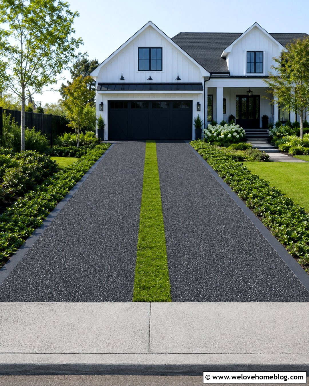 Dark Exposed Aggregate Driveway With Grass Strips - 20 Dark Exposed Aggregate Driveway Ideas