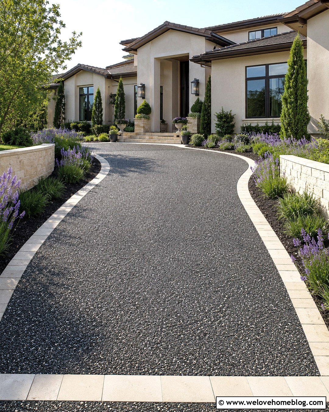 Dark Exposed Aggregate Driveway With Limestone Edging