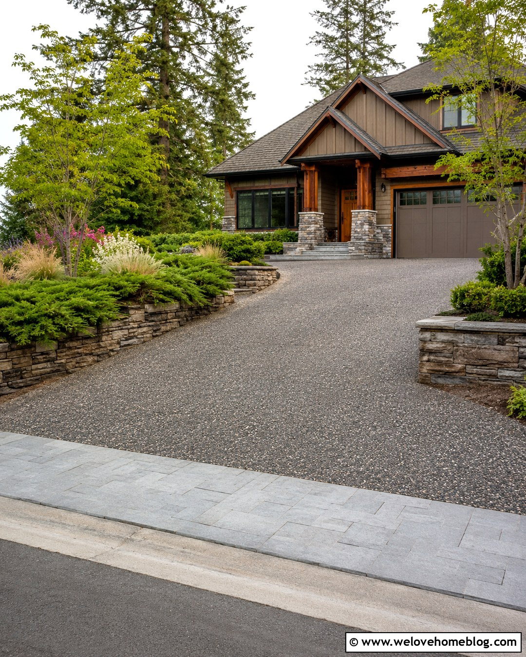 Dark Exposed Aggregate Driveway With Stone Walls - 20 dark driveway ideas