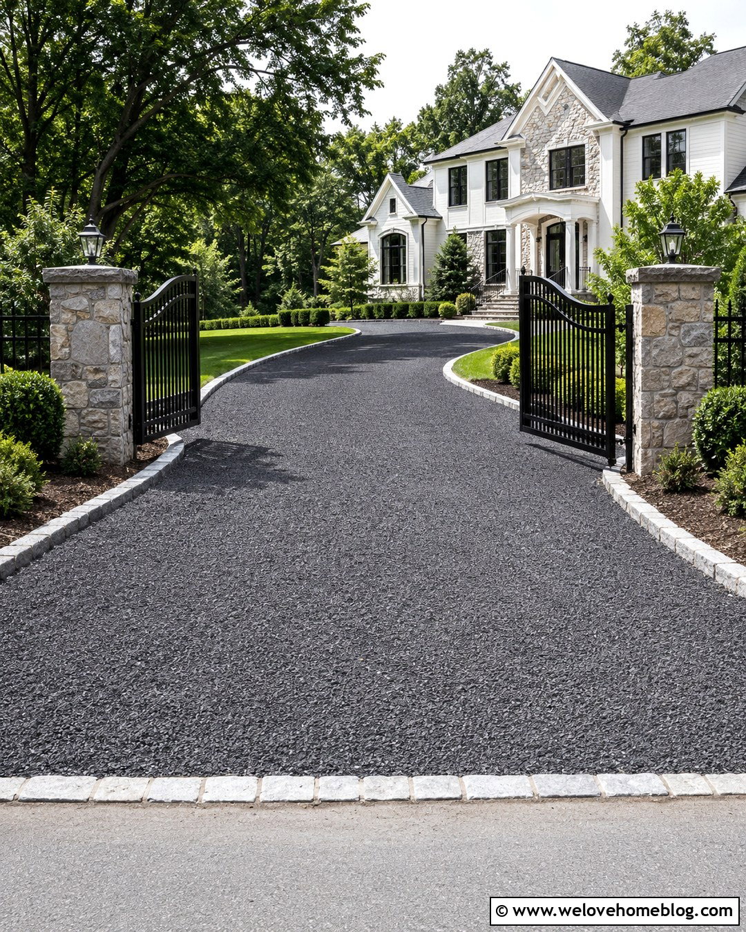 Dark Gravel Driveway With Black Metal Gate - 20 Dark Gravel Driveway Ideas