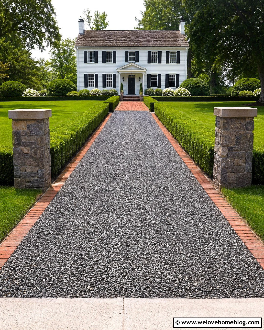Dark Gravel Driveway With Boxwood Hedges - 20 Dark Gravel Driveway Ideas