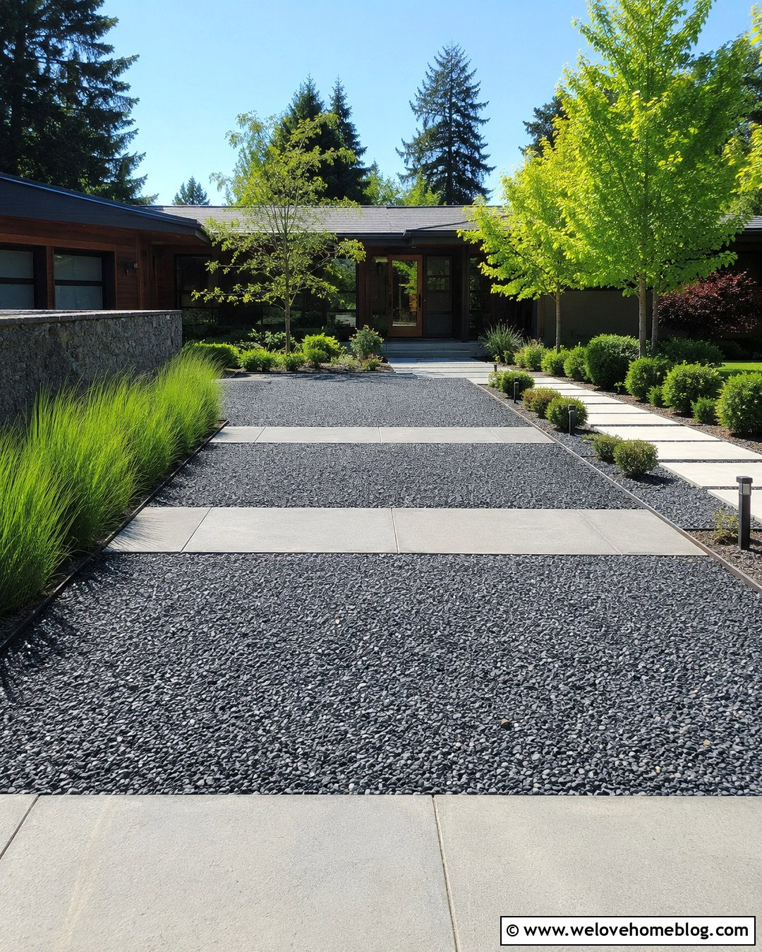 Dark Gravel Driveway With Concrete Paver Bands - 20 Dark Gravel Driveway Ideas