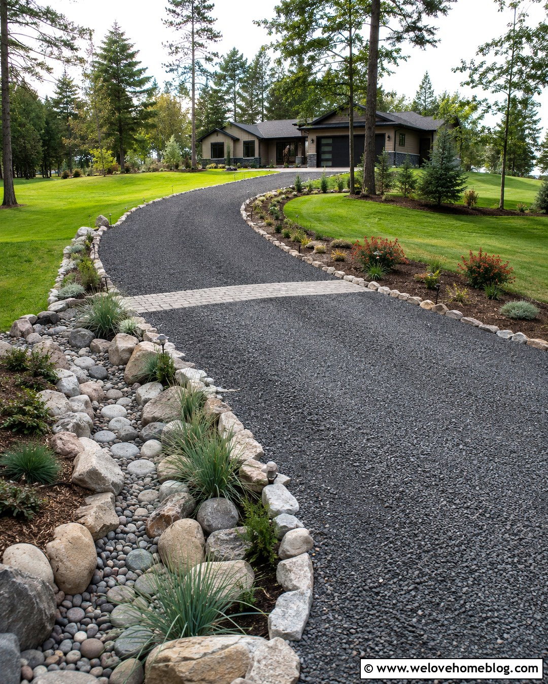 Dark Gravel Driveway With Drainage Swale - 20 Dark Gravel Driveway Ideas