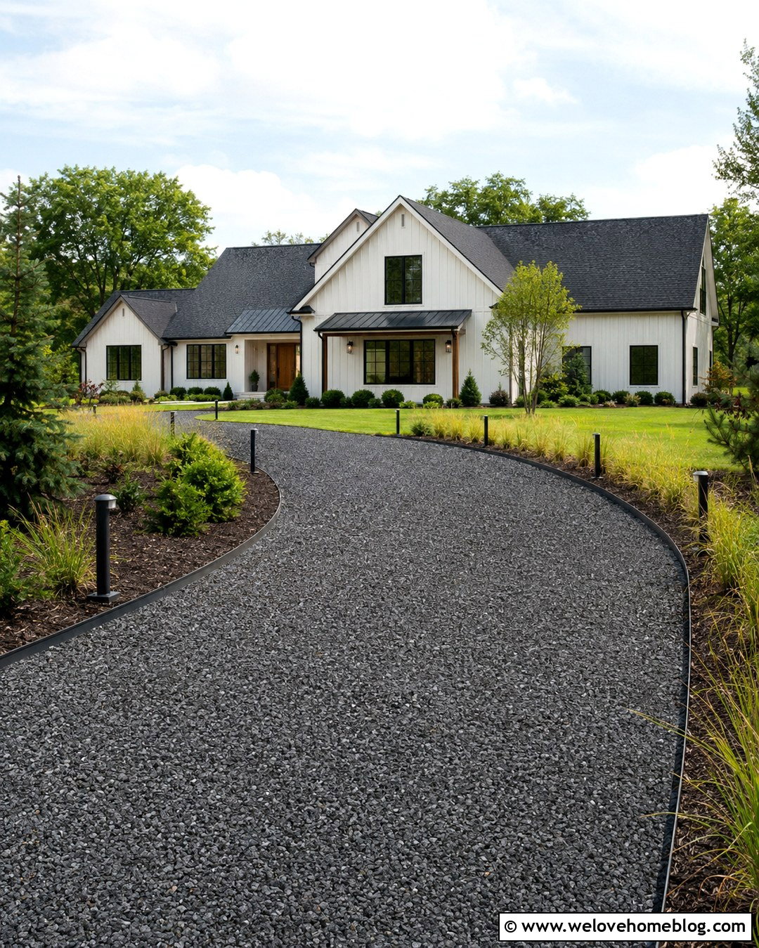 Dark Gravel Driveway With Modern Lighting - 20 Dark Gravel Driveway Ideas