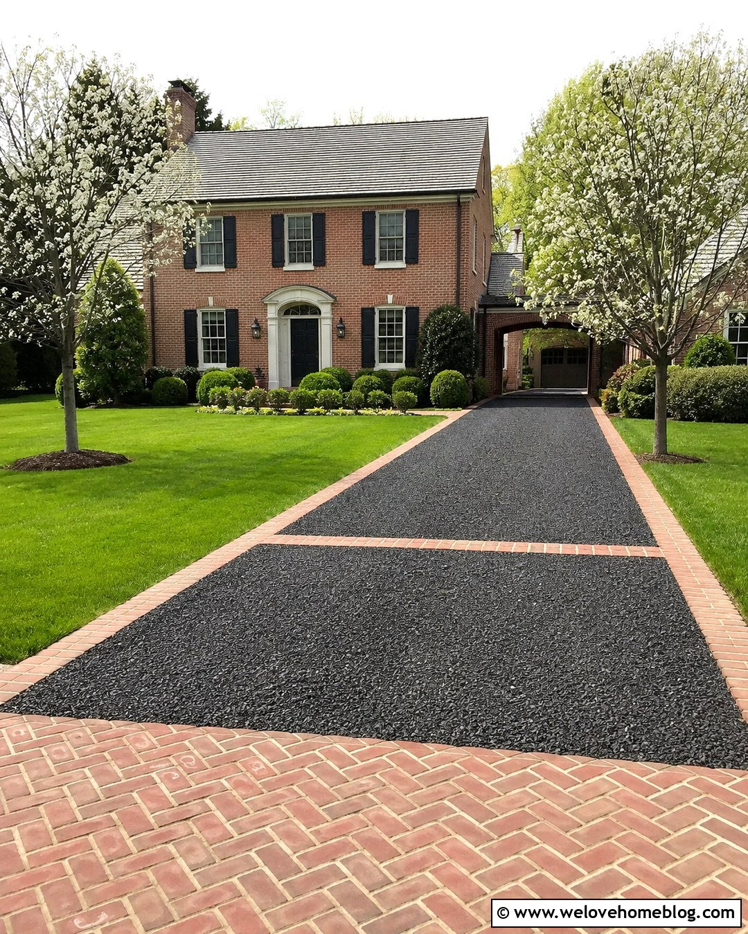 Dark Gravel Driveway With Red Brick Ribbon - 20 Dark Gravel Driveway Ideas