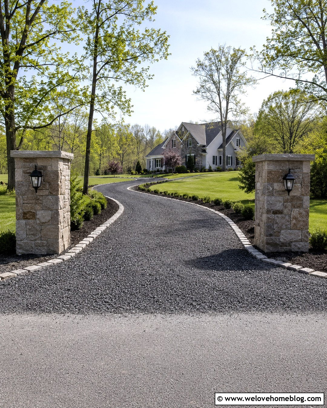 Dark Gravel Driveway With Stone Pillars - 20 Dark Gravel Driveway Ideas
