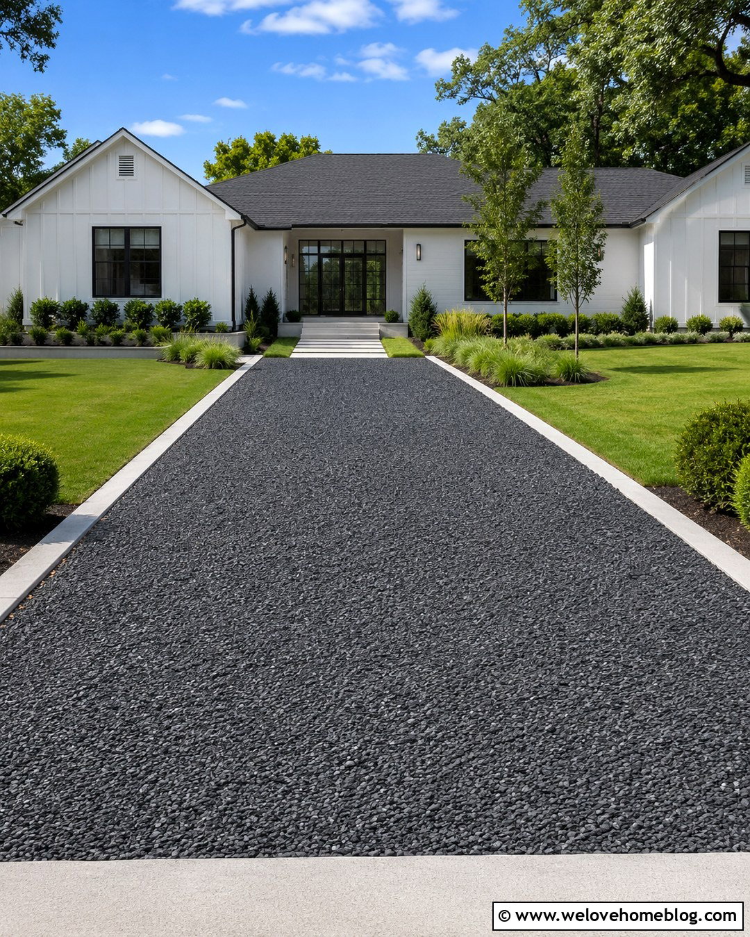 Dark Gravel Driveway With White Concrete Edging - 20 Dark Gravel Driveway Ideas