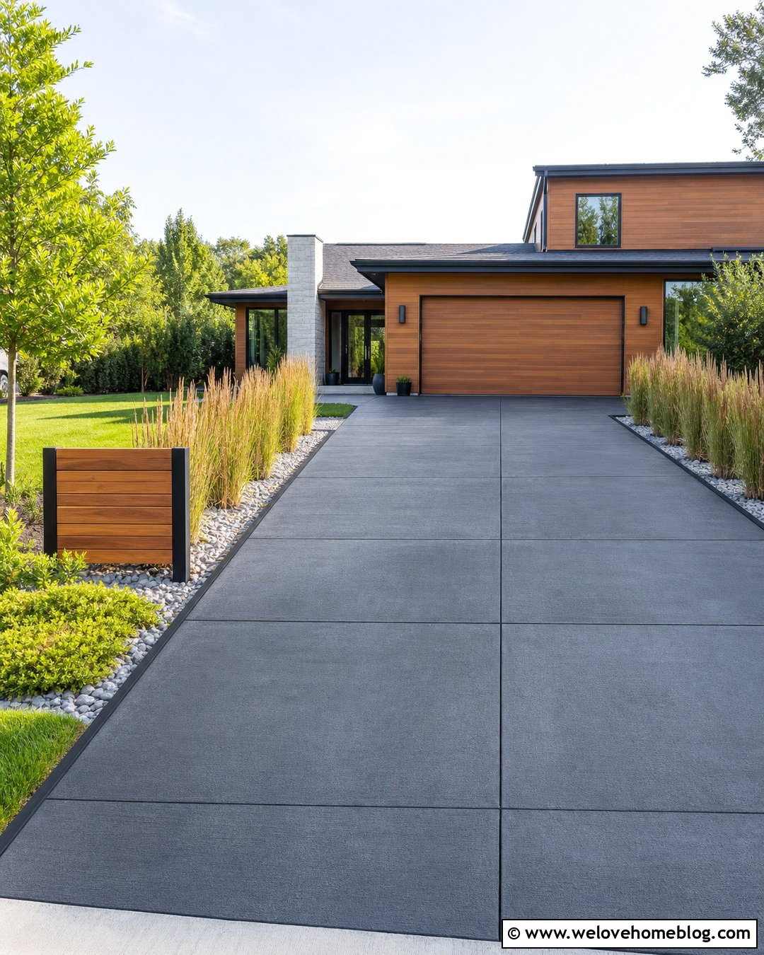 Dark Gray Cement Driveway With Wood Accents - 35 Cement Driveway Ideas