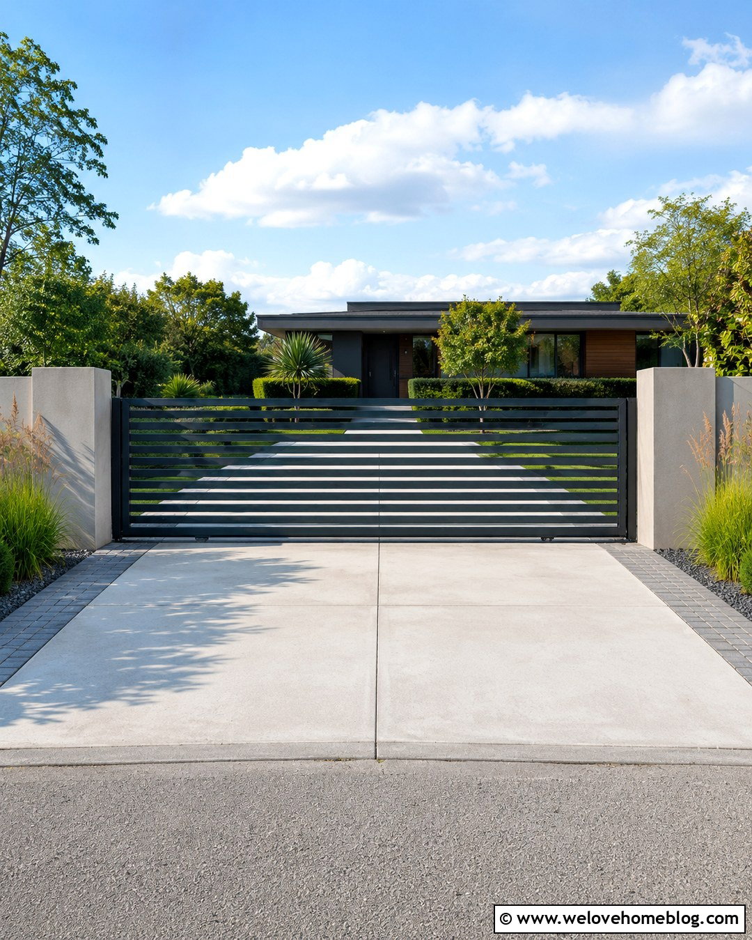 Dark Gray Horizontal Slat Automatic Sliding Gate - 20 gray automatic driveway gate ideas