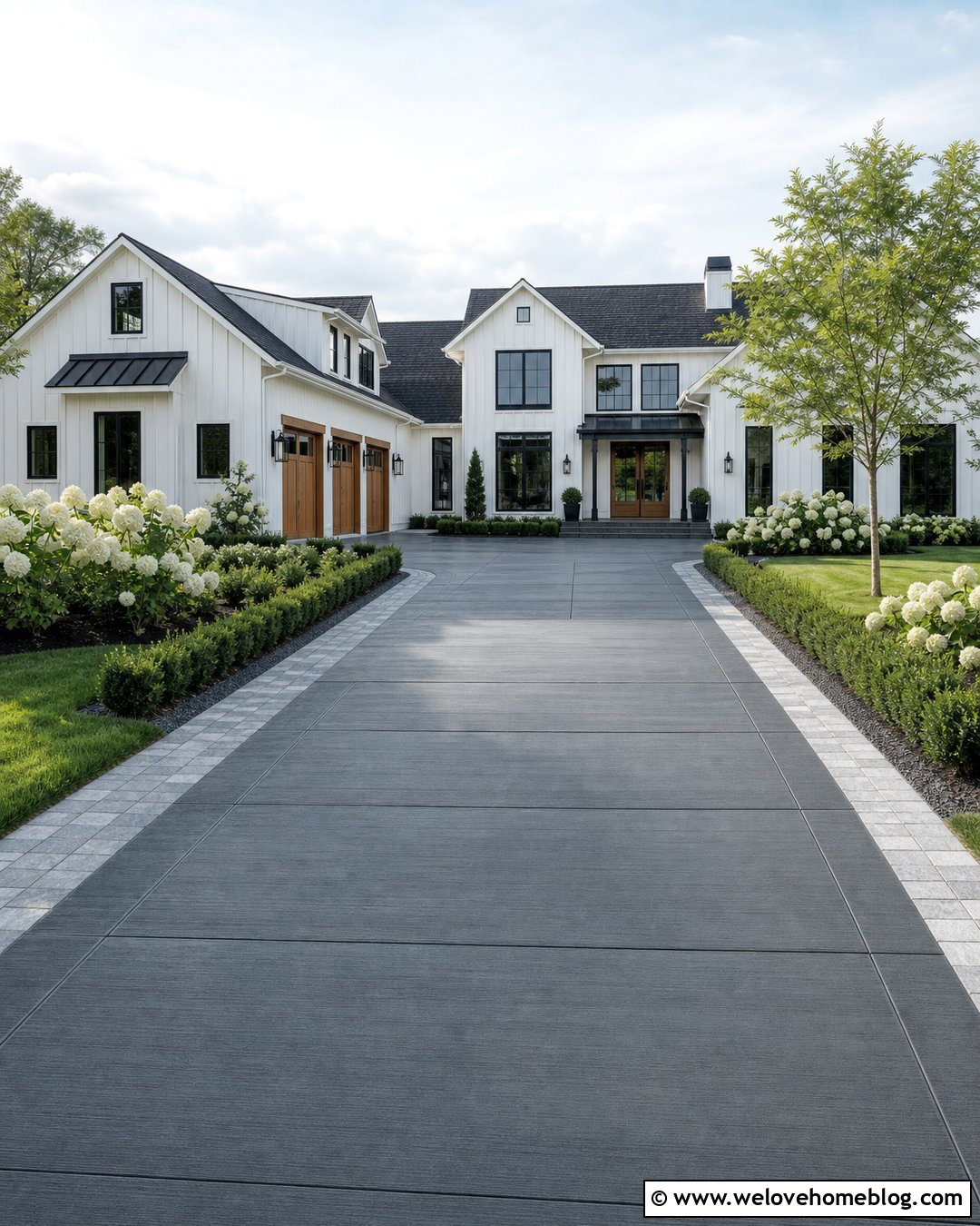 Dark Grey Concrete Driveway With White House - 20 Dark Grey Concrete Driveway Ideas