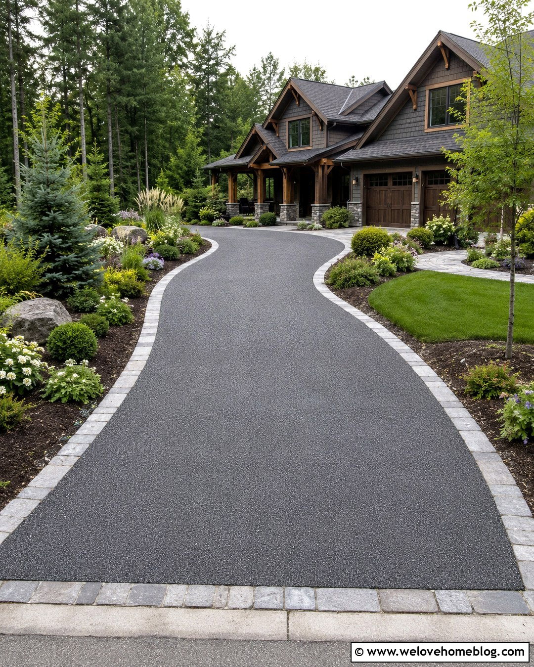 Dark Grey Curved Driveway With Garden Beds - 20 Dark Grey Driveway Ideas