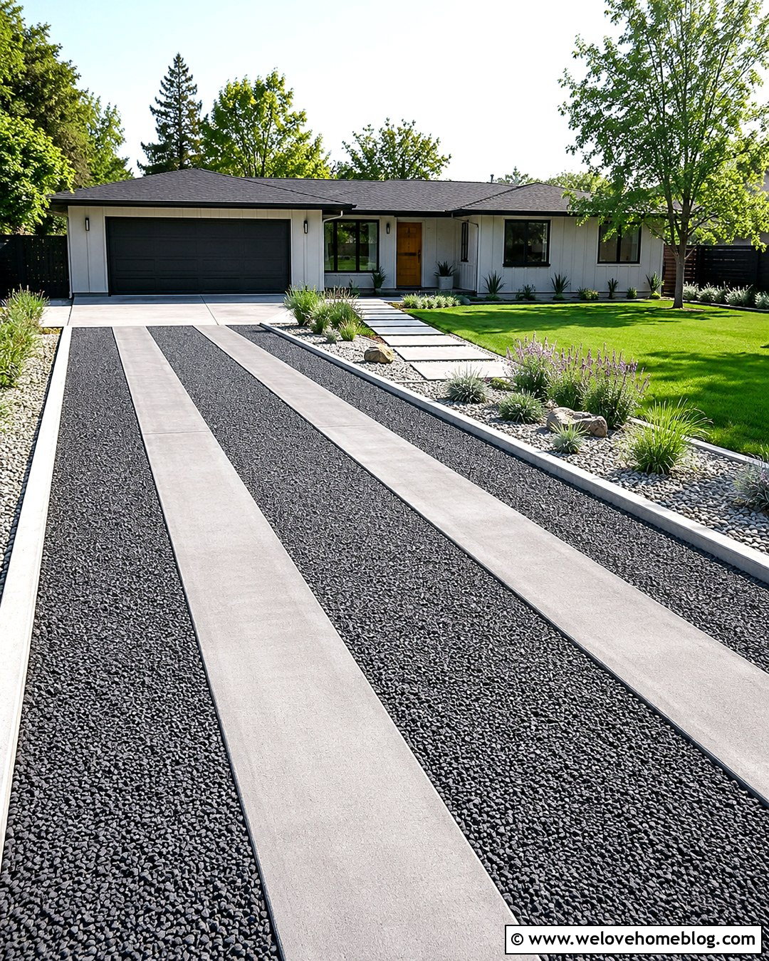 Dark Grey Driveway With Concrete Strips - 20 Dark Grey Driveway Ideas