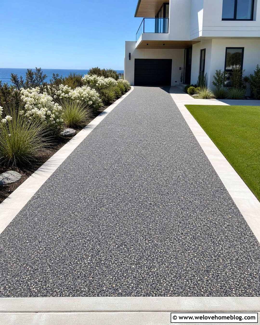 Dark Grey Exposed Aggregate Driveway With White Concrete Border - 20 Grey Exposed Aggregate Driveway Ideas