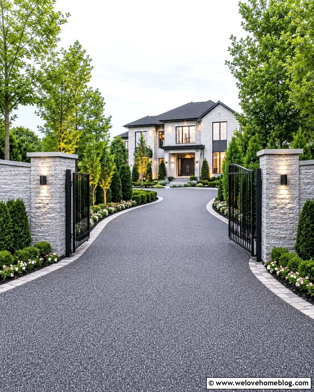 Dark Grey Gated Driveway With Stone Pillars - 20 Dark Grey Driveway Ideas