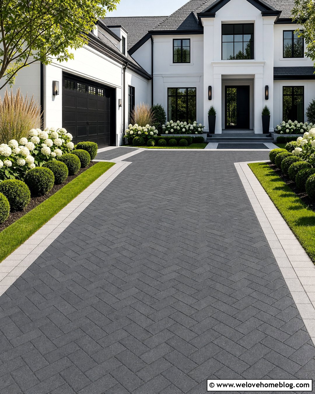 Dark Grey Herringbone Driveway With Light Grey Edging - 20 grey herringbone driveway ideas