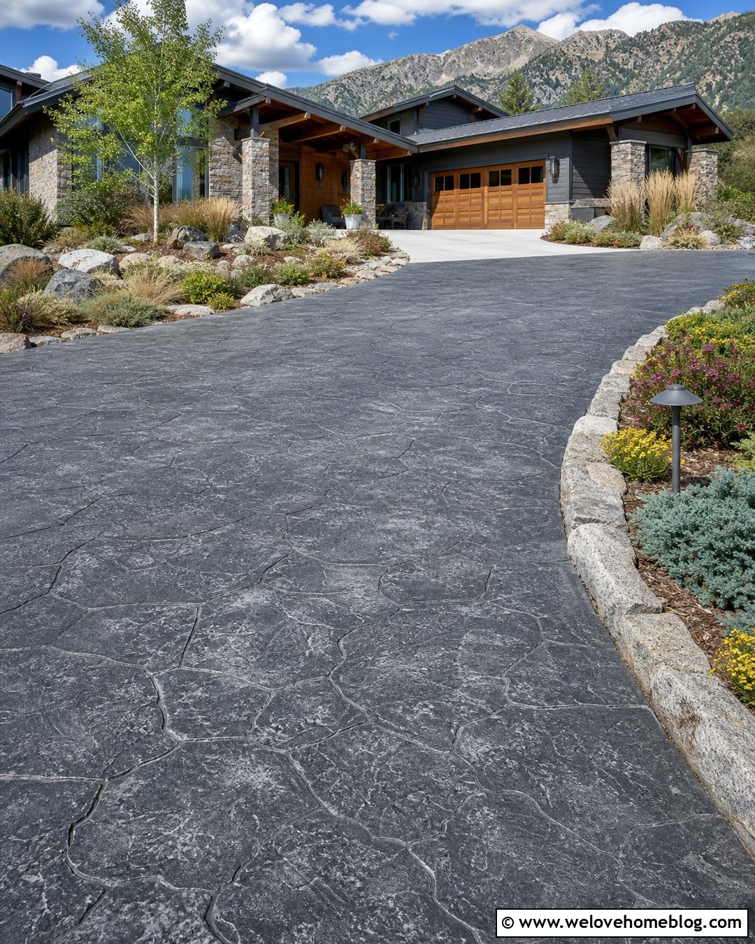 Dark Grey Large Stone Stamped Concrete Driveway - 20 grey stamped concrete driveway ideas