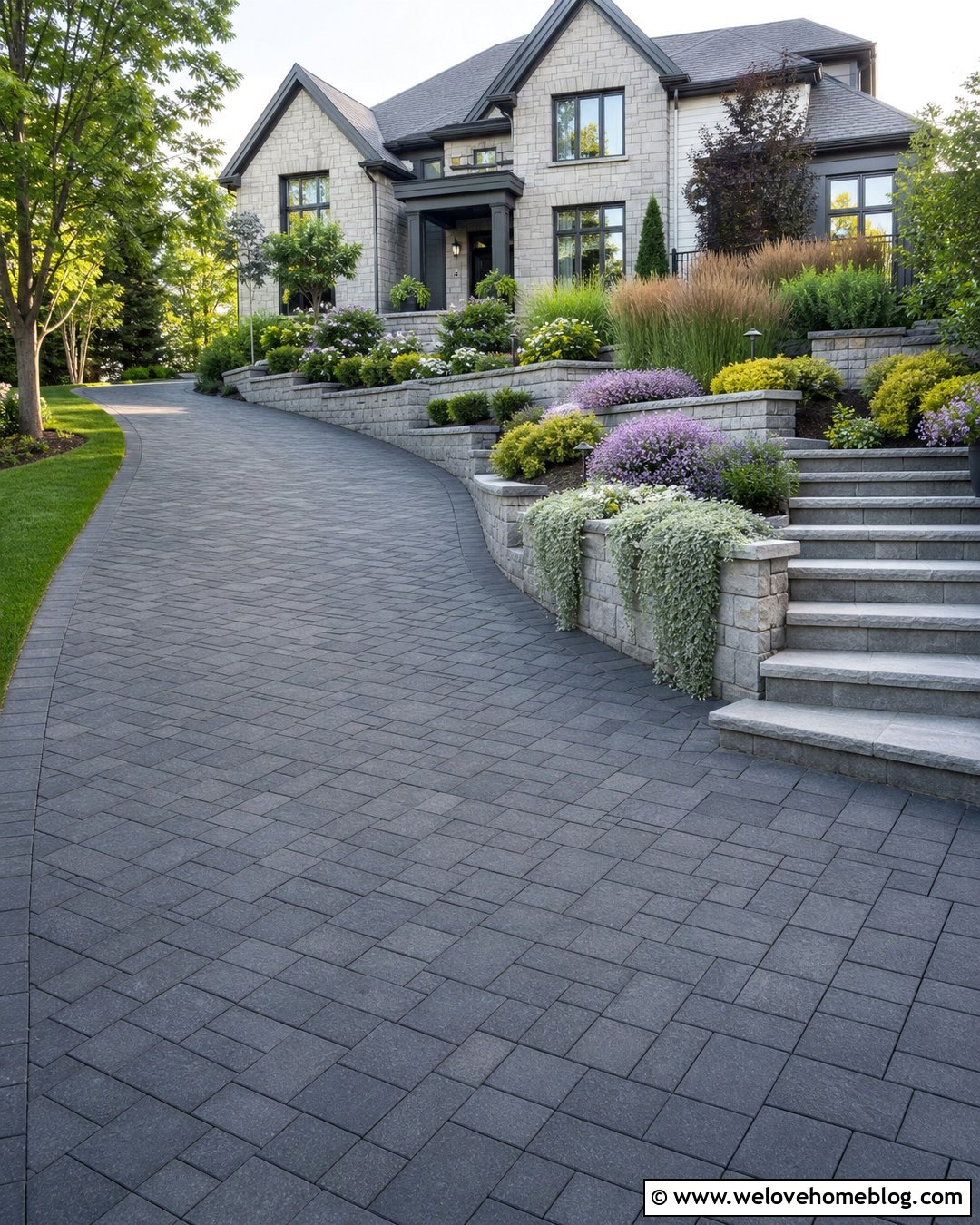 Dark Grey Paver Driveway With Raised Garden Beds - 20 Dark Grey Pavers Driveway Ideas