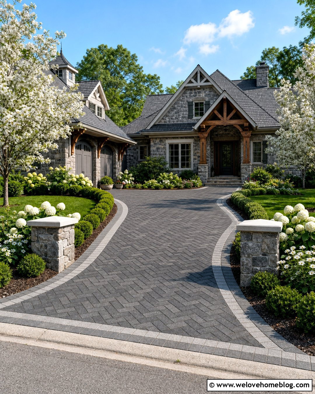 Dark Grey Paver Driveway With Stone Pillars - 20 Dark Grey Pavers Driveway Ideas