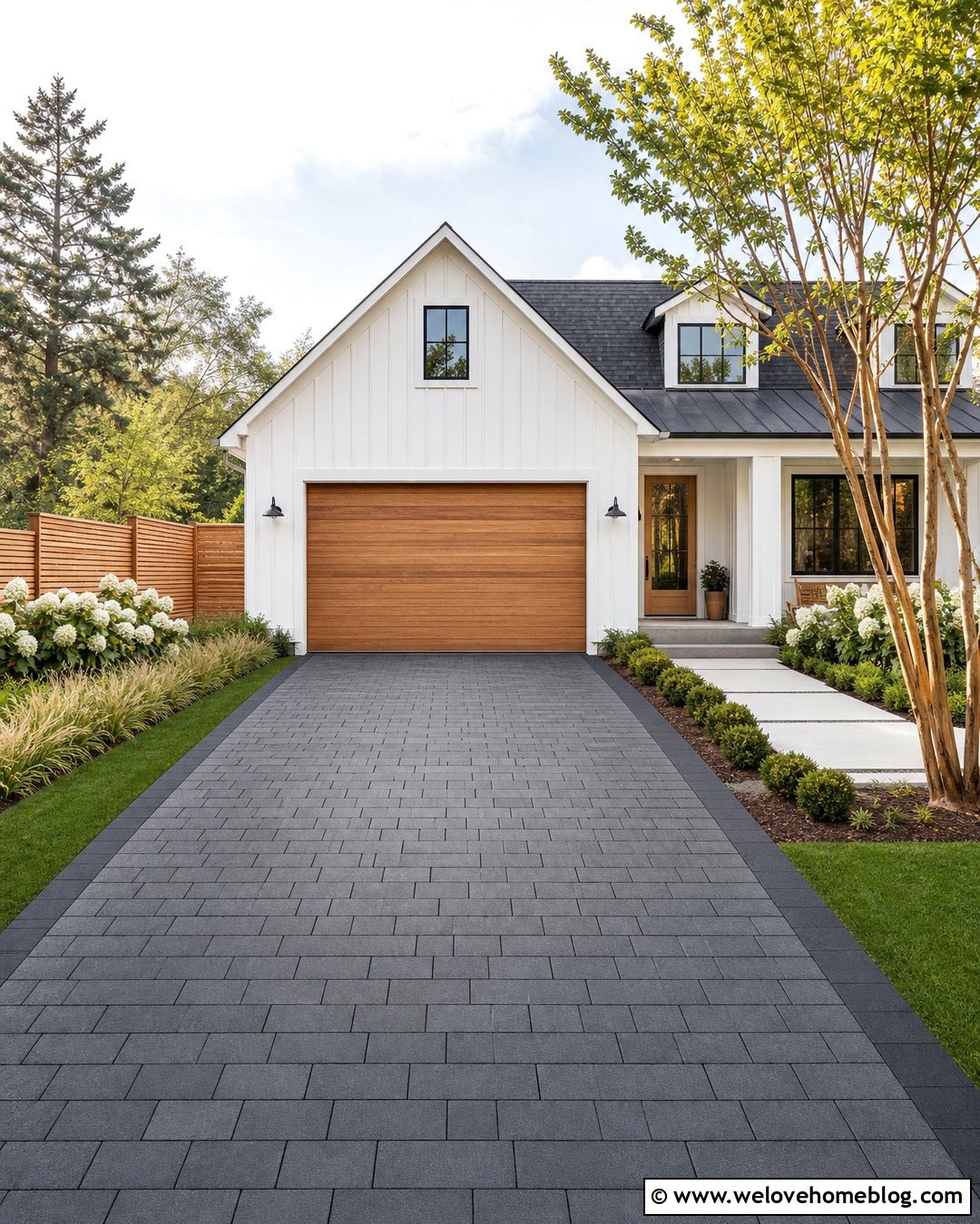 Dark Grey Paver Driveway With Warm Wood Accents - 20 Dark Grey Pavers Driveway Ideas