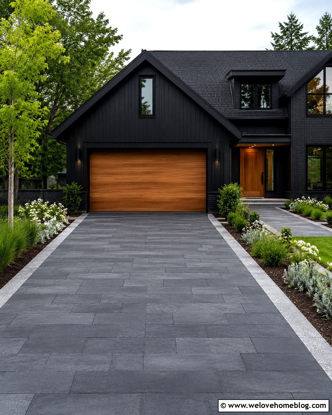 Dark Paved Driveway With Black House - 20 Paved Driveway With House Ideas