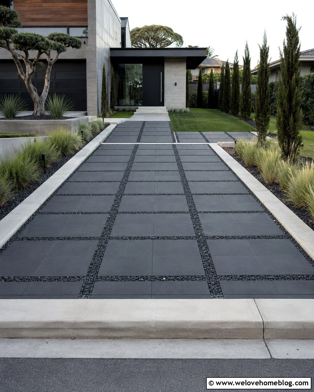 Dark Paver Driveway With Geometric Pattern - 20 dark driveway ideas