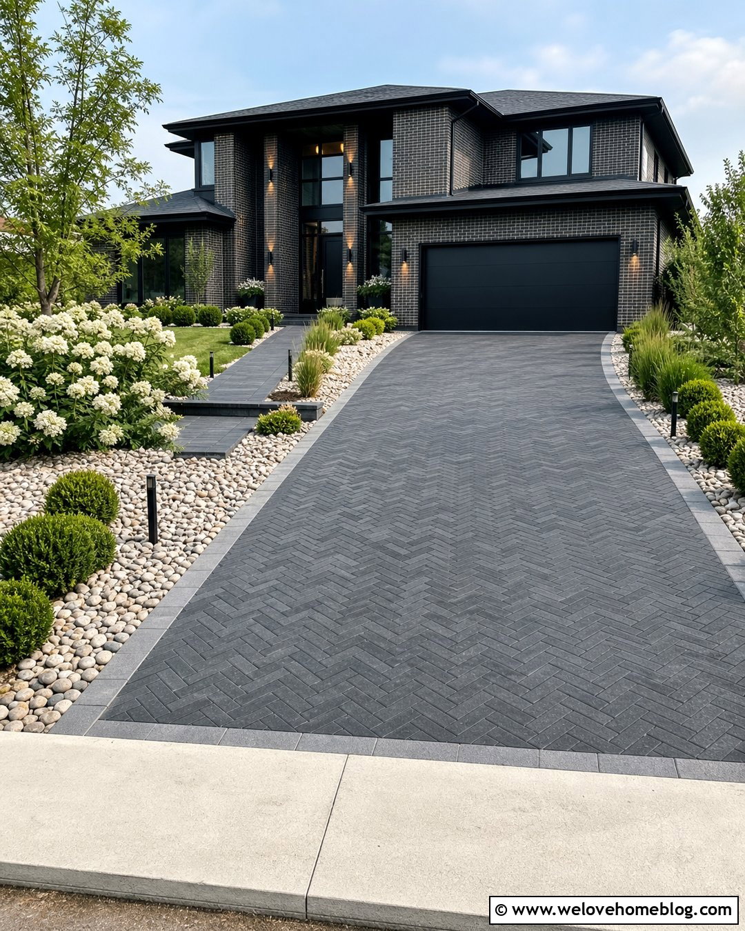 Dark Paver Driveway With Light River Rock Beds - 20 rock and paver driveway ideas