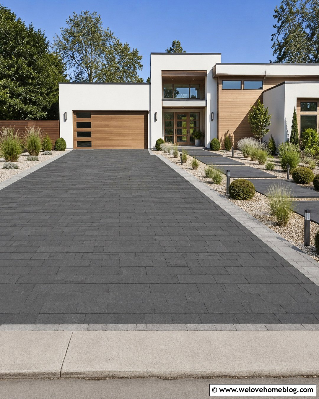 Dark Paver Driveway With Modern Lighting - 20 Driveway Hardscape Ideas