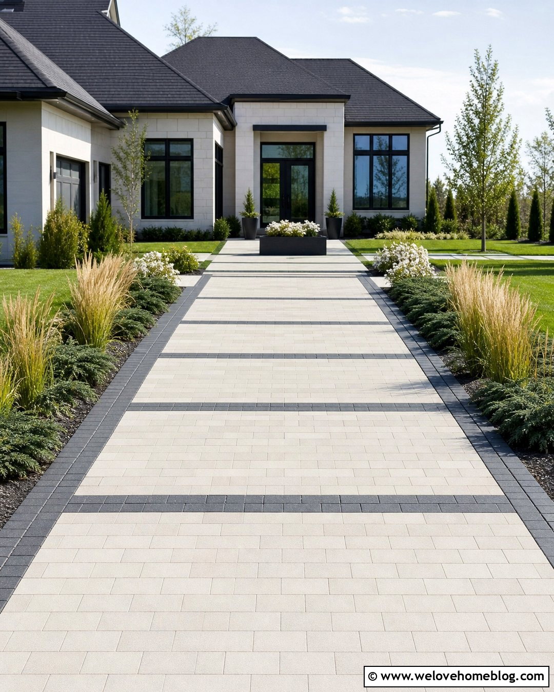 Dark Paver Edging for a Light Paver Driveway - 20 Driveway Paver Edging Ideas