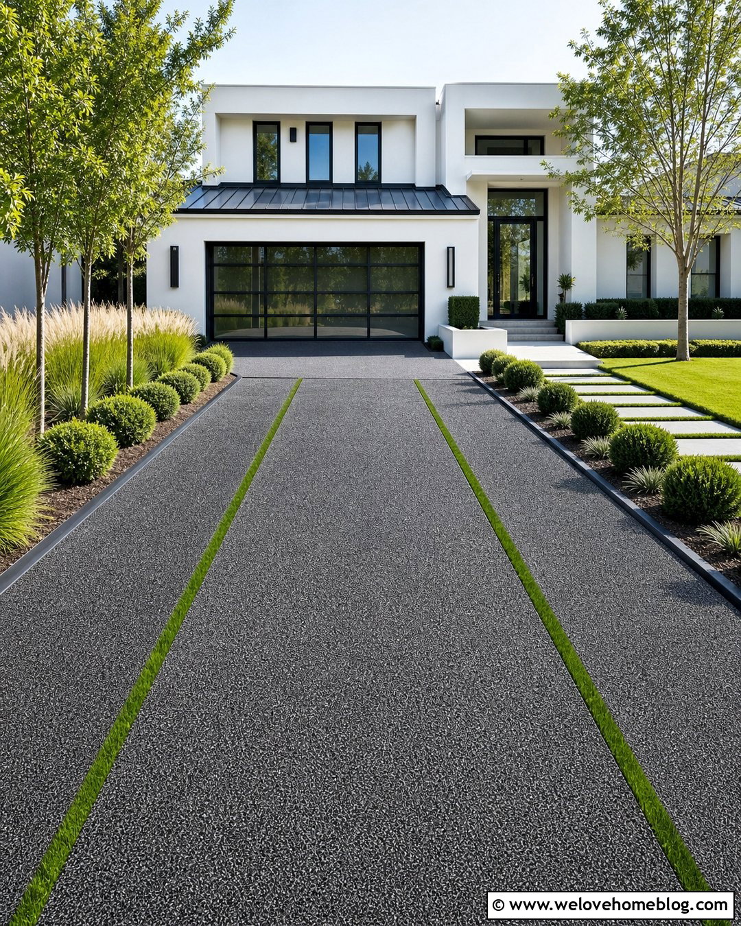 Dark Pebblecrete Driveway With Grass Strips - 25 Pebblecrete Driveway Ideas