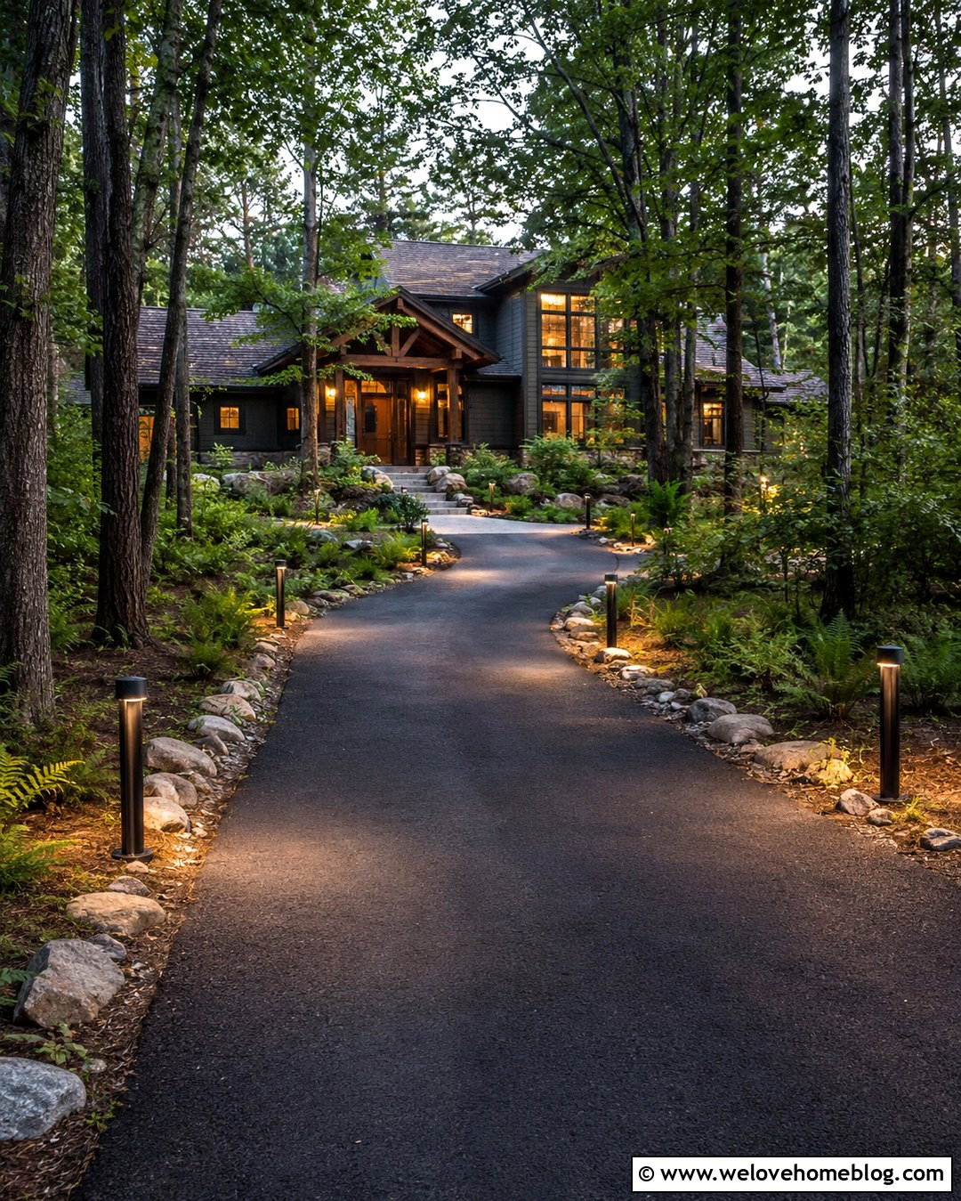 Dark Sky Lights Along Wooded Driveway - 20 Lights Along Driveway Ideas