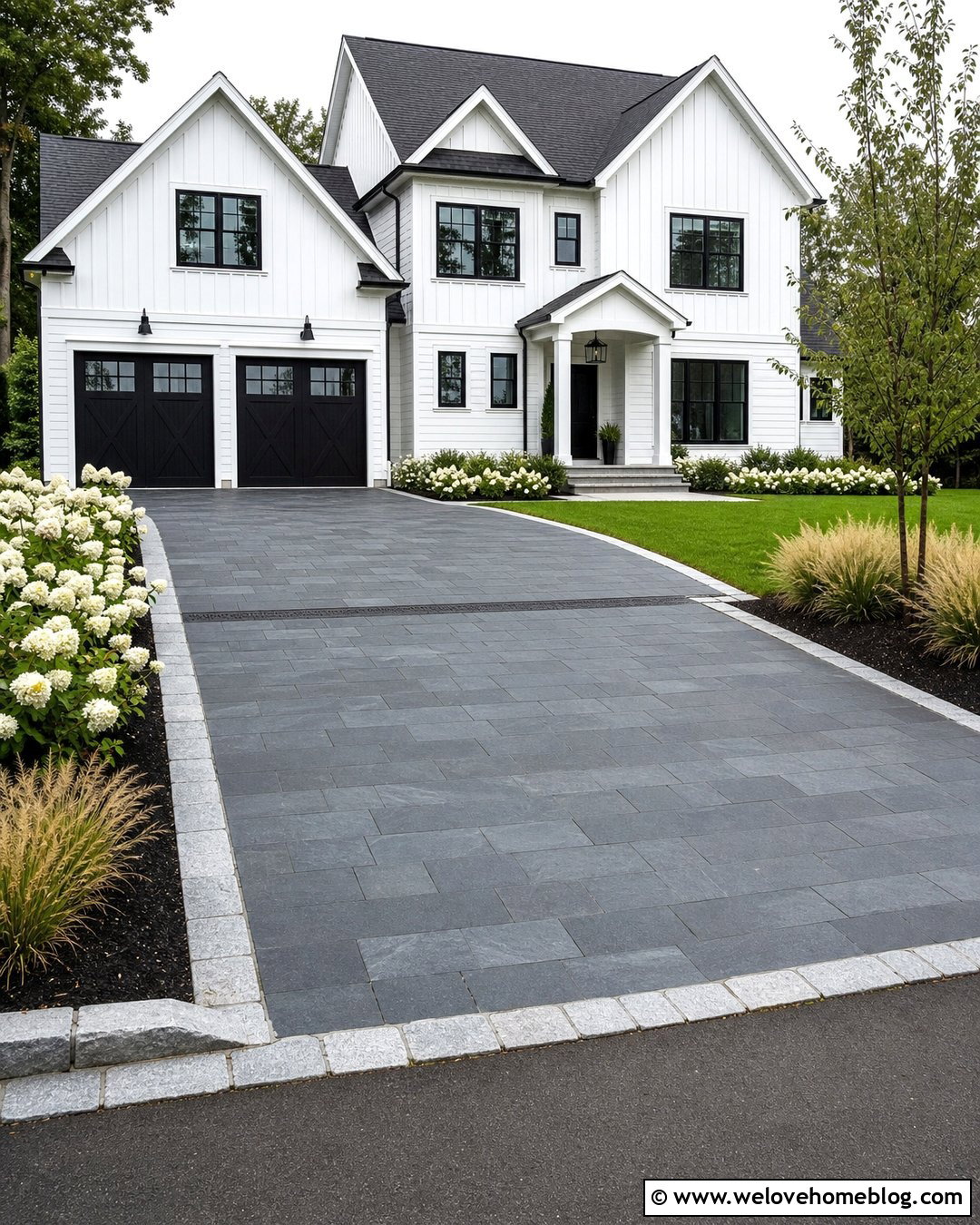 Dark Slate Flagged Driveway With Light Stone Edging - 20 Flagged Driveway Ideas