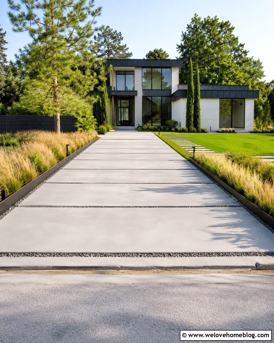 Dark Stained Wood Edging For A Modern Driveway - 20 Wood Driveway Edging Ideas