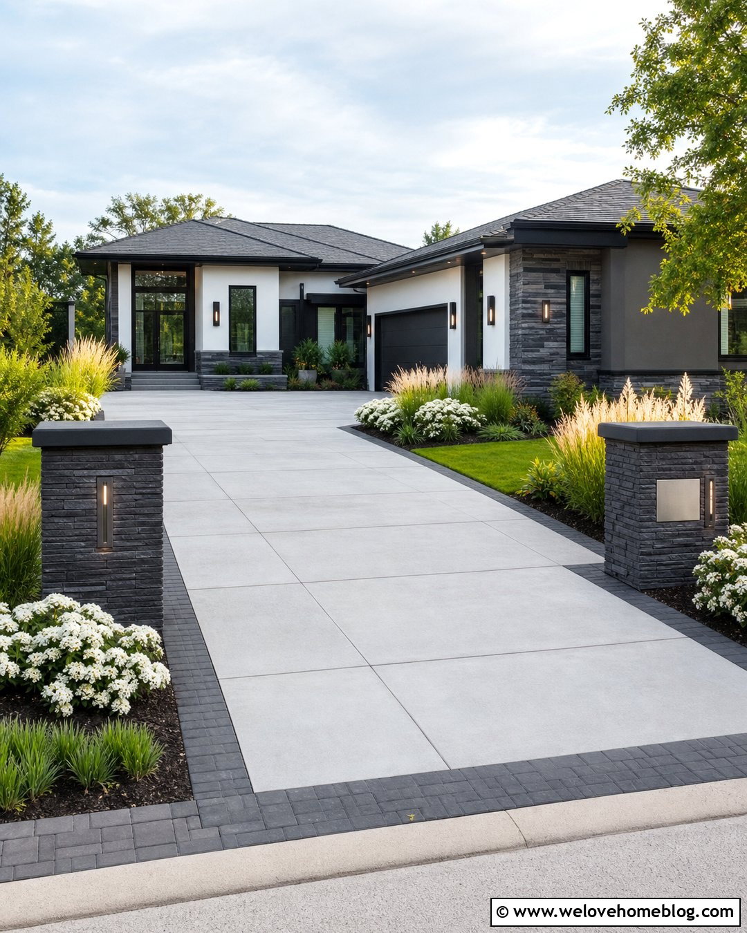 Dark Stone Columns With Concrete Pavers - 25 Stone Columns Driveway Ideas