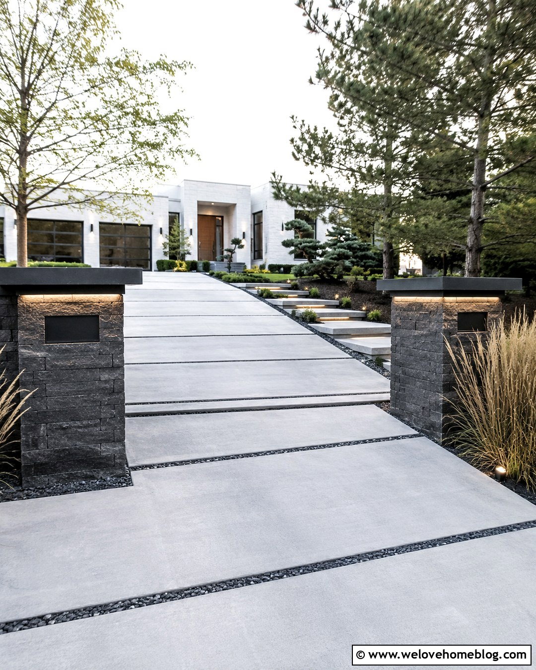 Dark Stone Driveway Pillars With Modern Concrete - 20 Stone Driveway Pillars Ideas