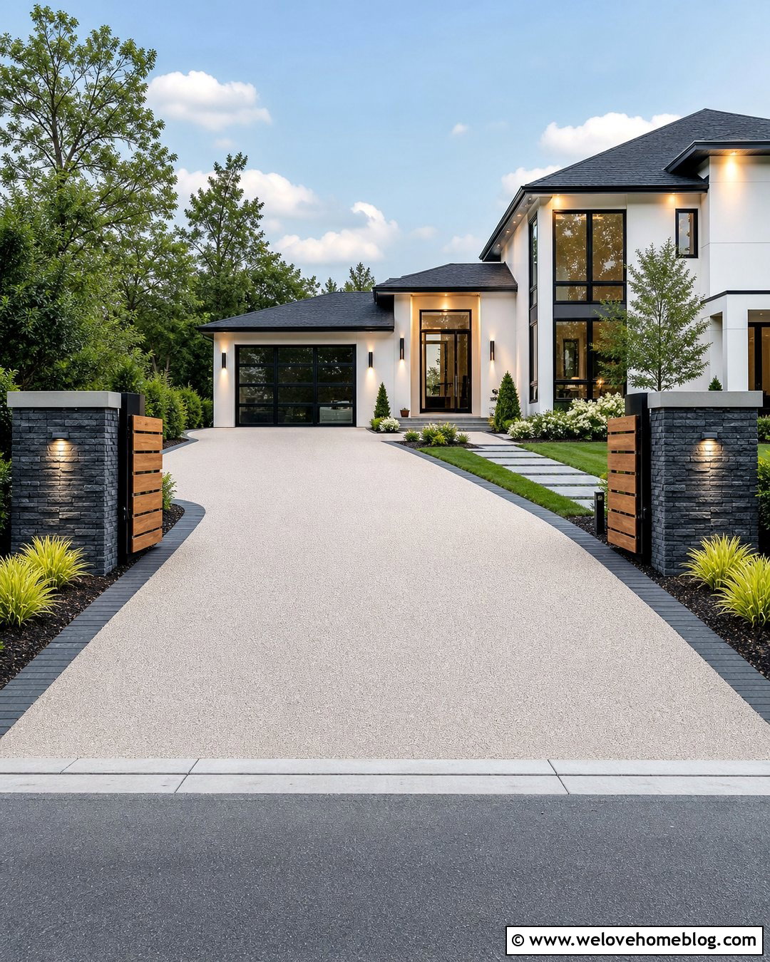 Dark Stone Pillars With A Light Driveway - 40 Stone Pillars Driveway Entrance Ideas