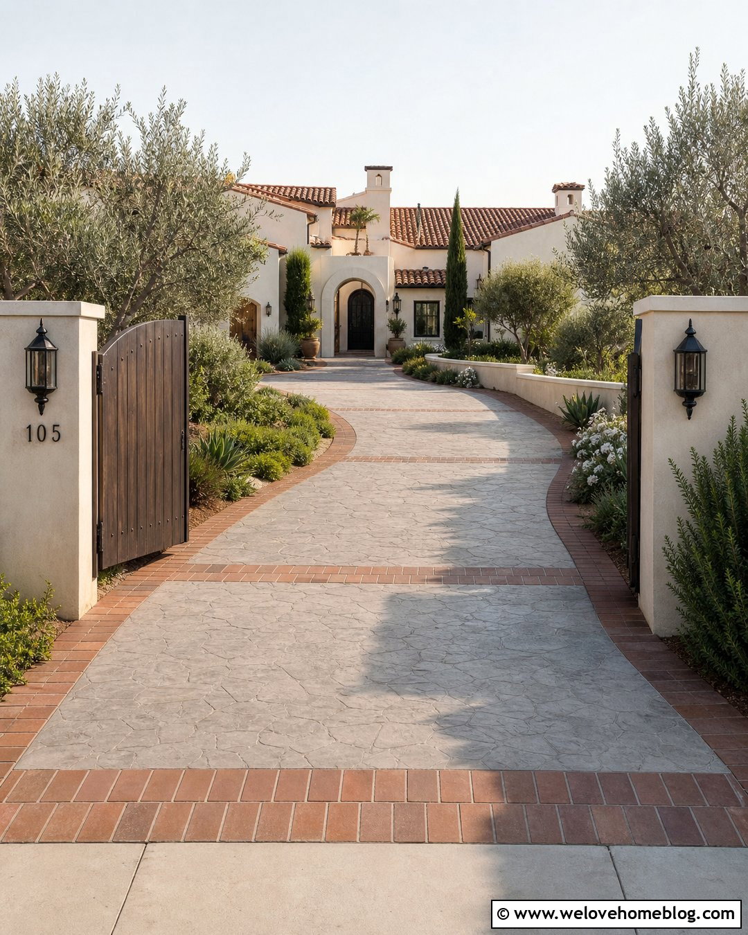 Dark Wood Driveway Gate With Stucco Pillars - 35 Driveway Entry Gates and Entrance Ideas