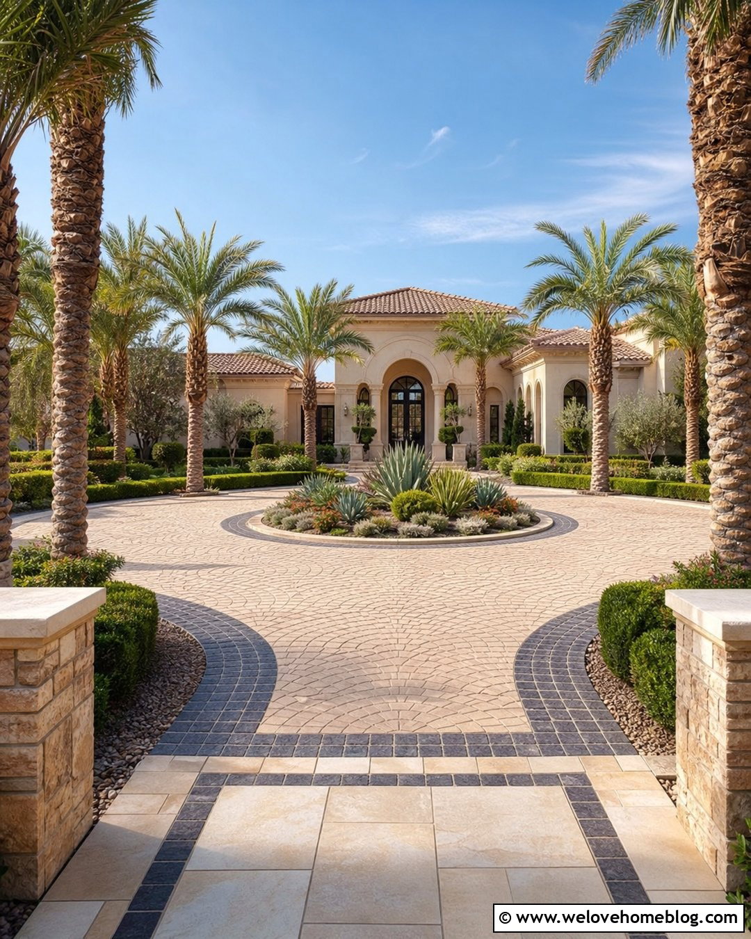 Date Palm Tree Lined Circular Driveway - 40 Tree Lined Driveway Ideas