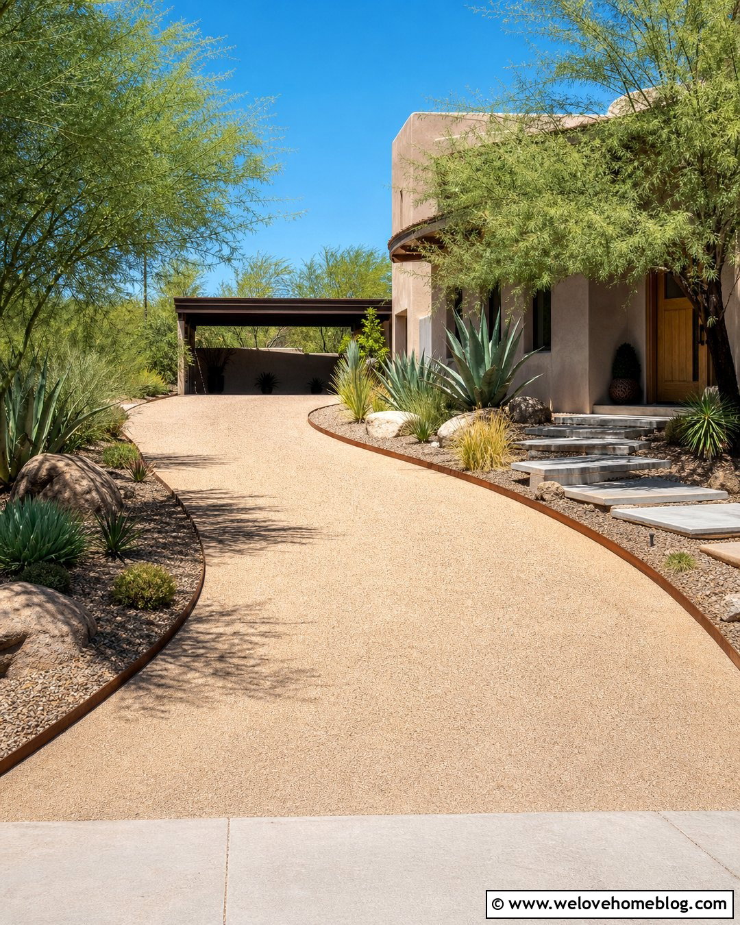 Desert Backyard Driveway With Gravel Landscaping - 20 Driveway Backyard Ideas