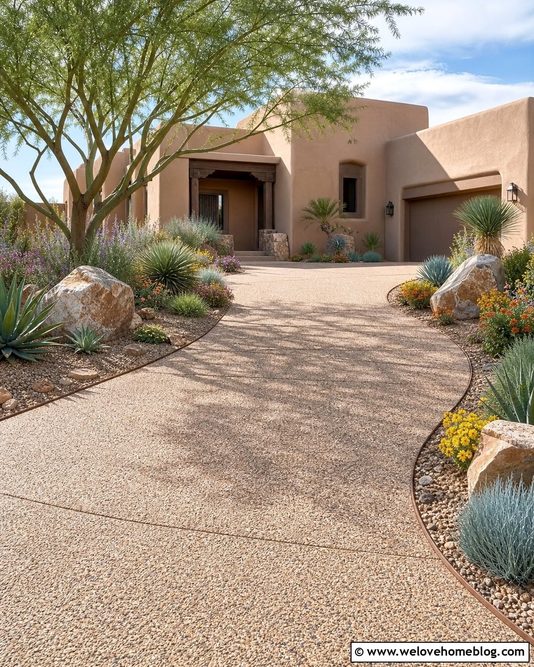 Desert Driveway Garden With Drought Tolerant Plants - 30 Driveway Garden Ideas