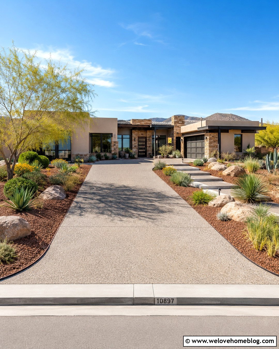 Desert Driveway With Gravel And Drought Tolerant Plants - 20 Driveway Landscaping Before And After Ideas