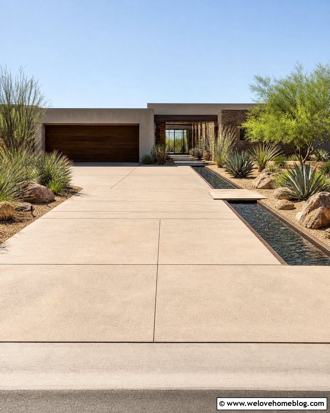 Desert Driveway With Recirculating Rill - 20 Driveway With Water Feature Ideas