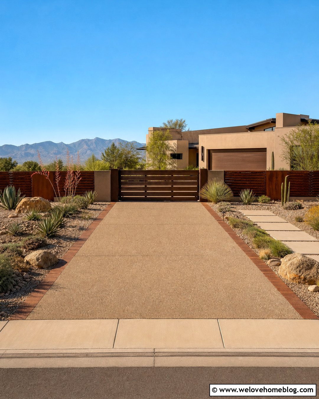 Desert Driveway With Steel Fence And Wood Garage Doors - 20 Driveway Front Yard Fence Gate Garage Doors Ideas